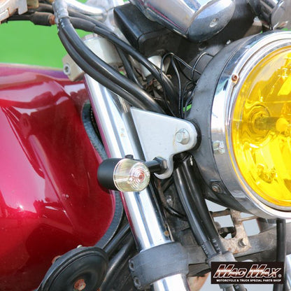 丸型ミニヨーロピアンウインカー M10×73mm/アルミ製取付ステー付 ブラック/黄ばみ 4個セット 汎用