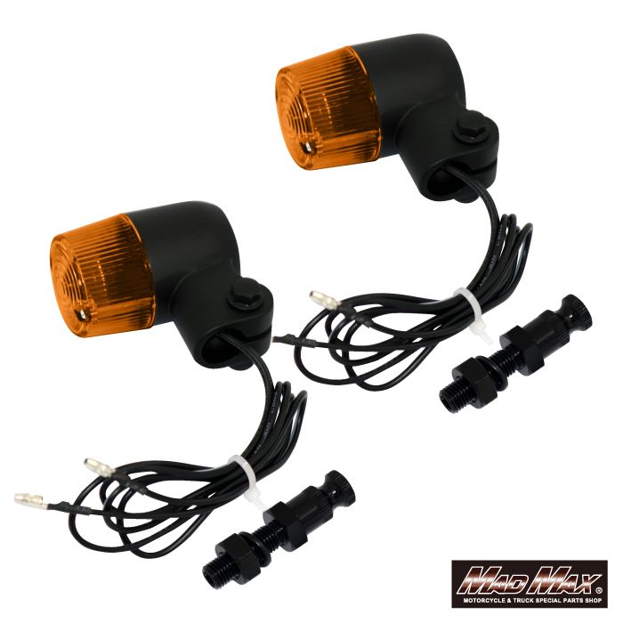 Round Mini European Turn Signals M10 x 60mm with Aluminum Mounting Brackets - Black/Amber - Set of 2 Universal