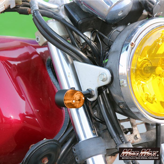 Round Mini European Turn Signals M10 x 60mm with Aluminum Mounting Brackets - Black/Amber - Set of 2 Universal