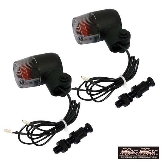 丸型ミニヨーロピアンウインカー M10×60mm/アルミ製取付ステー付 ブラック/スモーク 2個セット 汎用