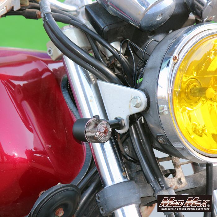 丸型ミニヨーロピアンウインカー M10×73mm/アルミ製取付ステー付 ブラック/スモーク 2個セット 汎用