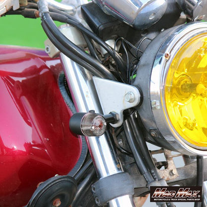 丸型ミニヨーロピアンウインカー M10×73mm/アルミ製取付ステー付 ブラック/スモーク 2個セット 汎用