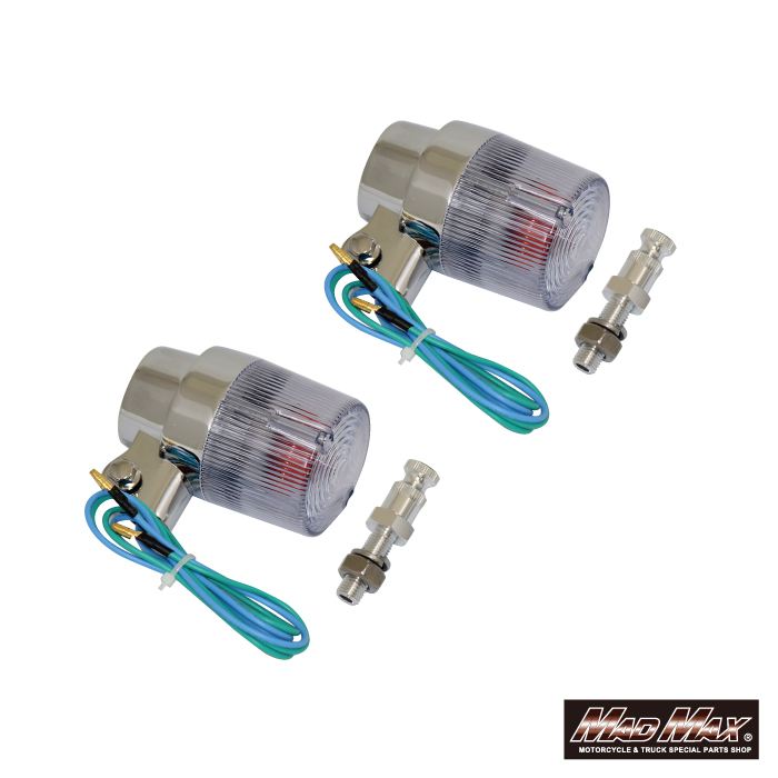 Round European Turn Signal M10 x 60mm / Aluminum Mounting Stay Included, Clear, Set of 2, Universal
