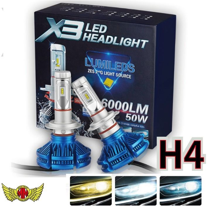 X3 H4 LEDヘッドライト Hi/Lo切替 25W 6000LM 防水 ブルー 2個セット 汎用(12V/24V兼用)