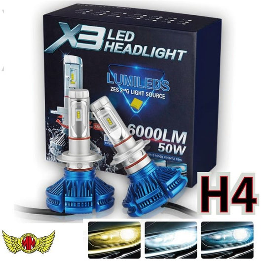 X3 H4 LEDヘッドライト Hi/Lo切替 25W 6000LM 防水 ブルー 2個セット 汎用(12V/24V兼用)