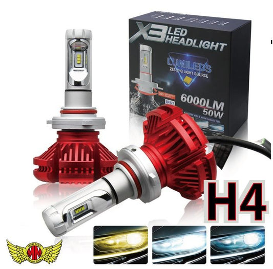 X3 H4 LEDヘッドライト Hi/Lo切替 25W 6000LM 防水 レッド 2個セット 汎用(12V/24V兼用)