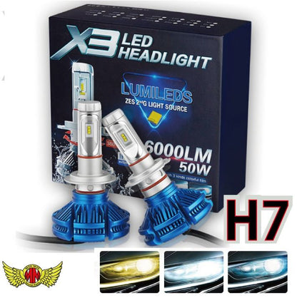 X3 H7 LEDヘッドライト 25W 6000LM 防水 ブルー 2個セット 汎用(12V/24V兼用)