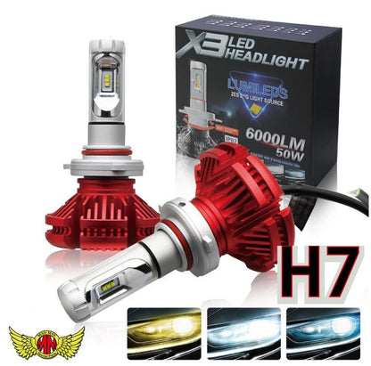 X3 H7 LEDヘッドライト 25W 6000LM 防水 レッド 2個セット 汎用(12V/24V兼用)