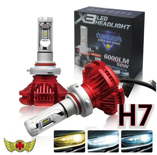 X3 H7 LEDヘッドライト 25W 6000LM 防水 レッド 2個セット 汎用(12V/24V兼用)