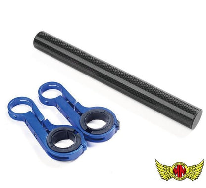 バイク用 軽量カーボン製 マルチバーロング アルミクランプ ブルー 200mm 汎用