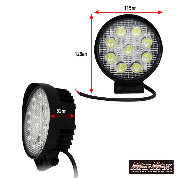 LED Work Light, 9 High-Brightness LEDs, Round 27W, White Emission, Universal (12/24V compatible)