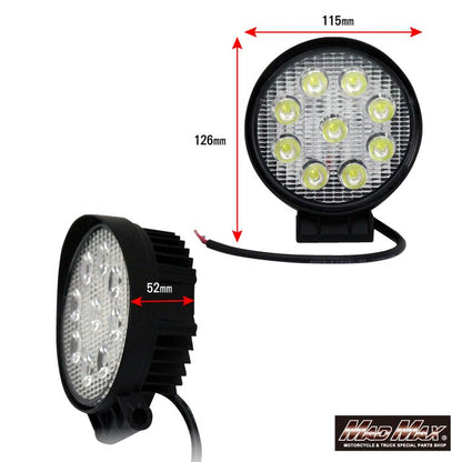 LED Work Light, 9 High-Brightness LEDs, Round 27W, White Emission, Universal (12/24V compatible)