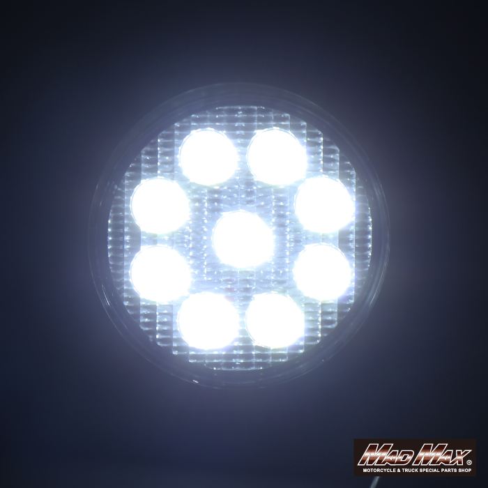 LED Work Light, 9 High-Brightness LEDs, Round 27W, White Emission, Universal (12/24V compatible)
