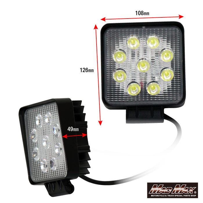 LED Work Light, 9 High-Brightness LEDs, Square, 27W, White Light, Universal (12/24V Compatible)