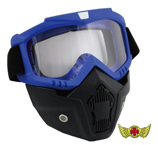 オートバイ用 マスク&ゴーグルセット ブルー/クリアレンズ 縦185×横190mm