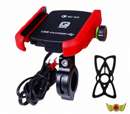 バイク用 USB付き スマートフォンホルダー 360度回転 5V/3A QC3.0 防水仕様 落下防止バンド付 レッド 汎用