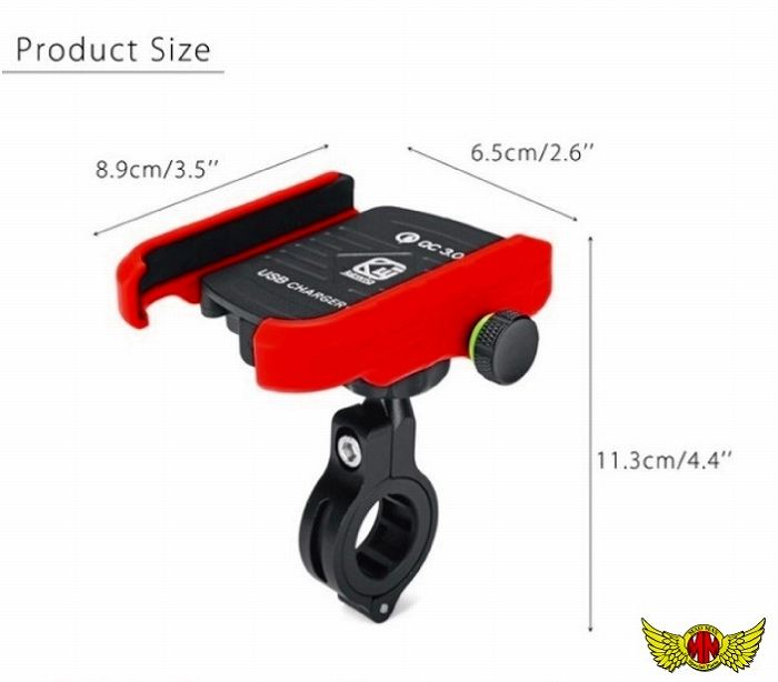 バイク用 USB付き スマートフォンホルダー 360度回転 5V/3A QC3.0 防水仕様 落下防止バンド付 レッド 汎用