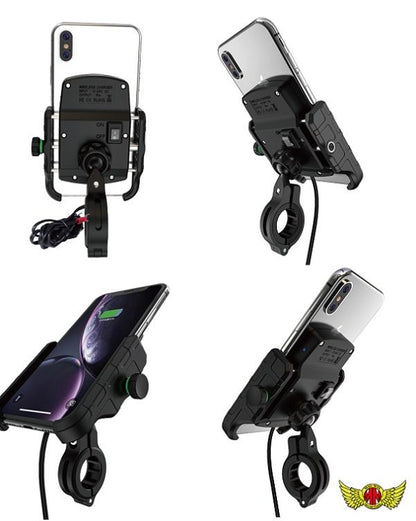 バイク用スマートフォンホルダー 防水 ワイヤレス充電タイプ ブラック 汎用