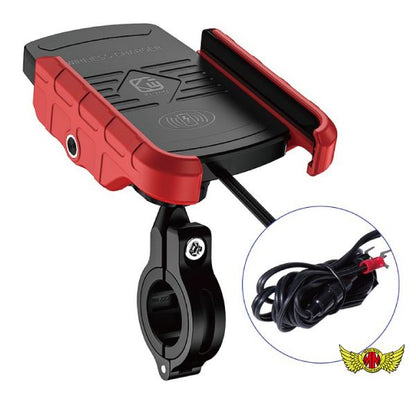 バイク用スマートフォンホルダー 防水 ワイヤレス充電タイプ レッド 汎用