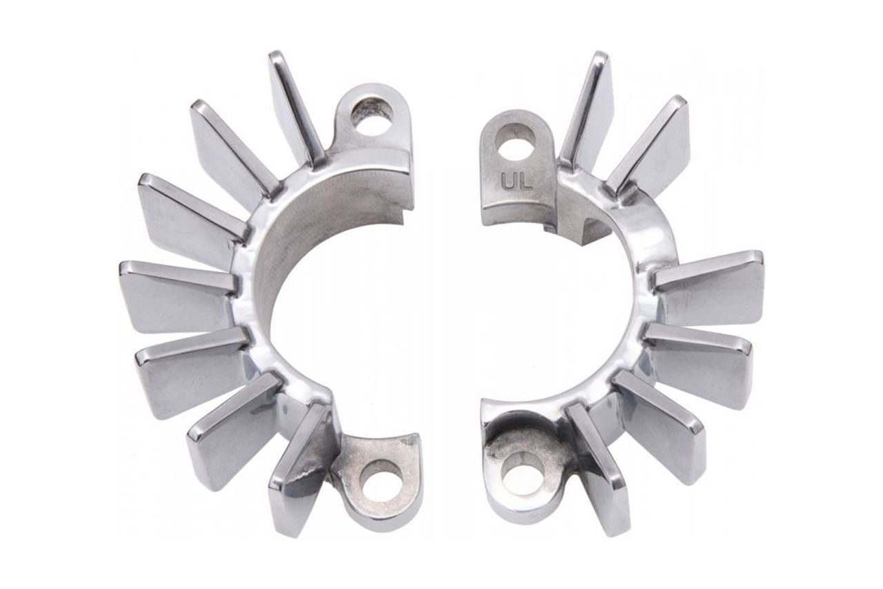 Exhaust Clamps, Finned, Polished, 2 pcs, T100/T120, Speed Twin 900, Scrambler 900