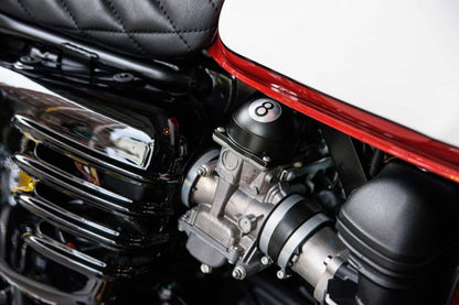Carb top cover for carbureted models, 8-ball, black, 2 pieces, air-cooled T100, Scrambler, Thruxton