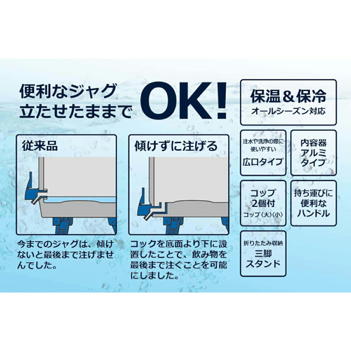 最後まで注げる！ウォータージャグ 保温保冷対応 ネイビー 6L