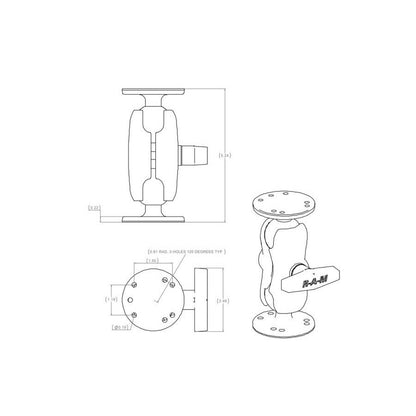AMPS Round Base with Short Arm (2 pieces) Black, 1.5-inch Ball (1 piece)