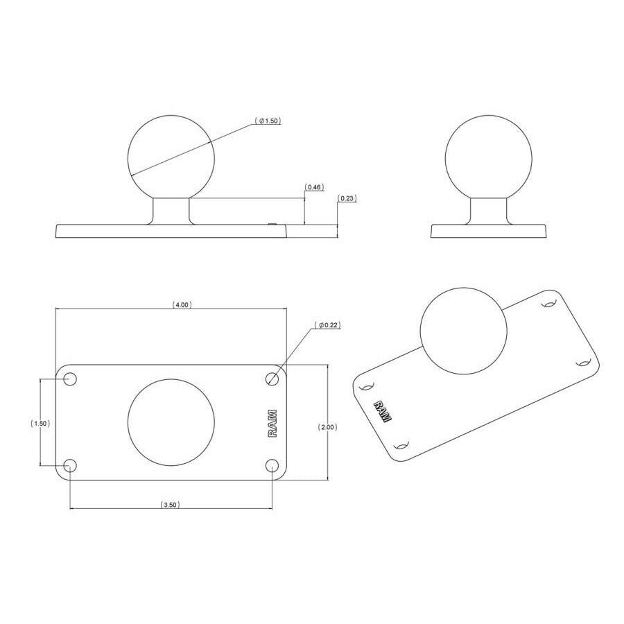 Square Base 4-hole P1.5X3.5inch Black 1.5inch Ball 1 pc.