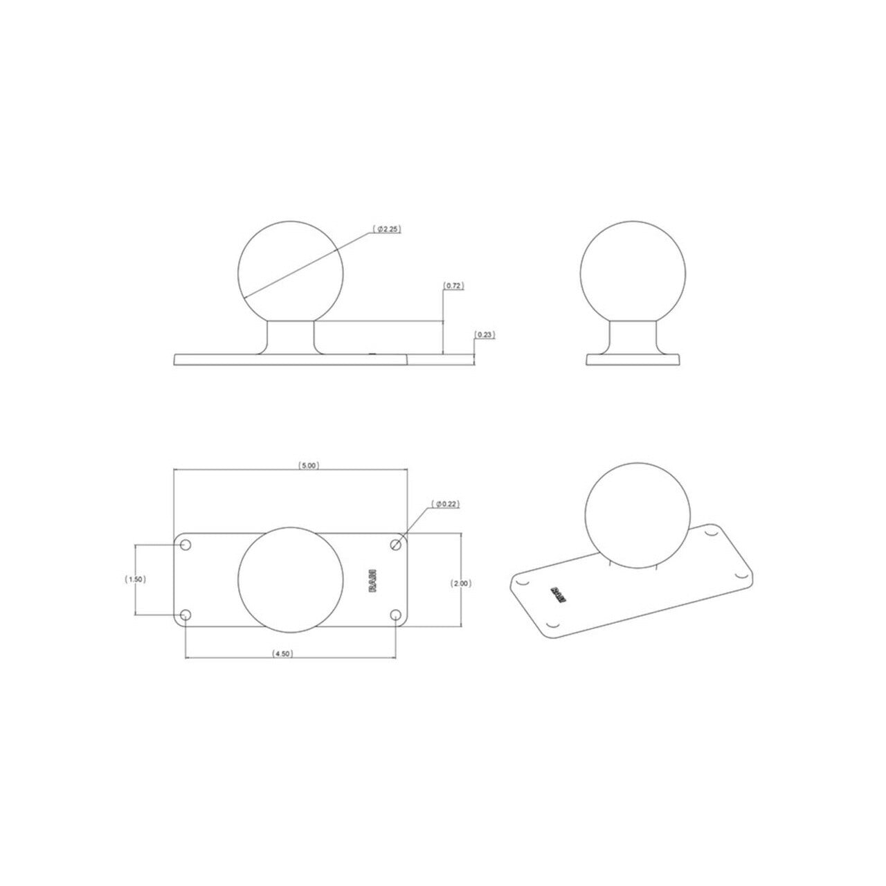 Square Base 4-Hole P1.5 x 4.5 inch Black with 2.25 inch Ball, 1 Piece
