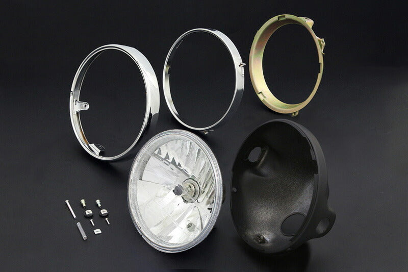 ヘッドライト 旧カワサキ系用/ブラックケース＆リム付 クリア ラウンドタイプ
