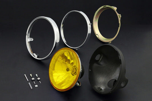 ヘッドライト 旧カワサキ系用/ブラックケース＆リム付 イエロー ラウンドタイプ