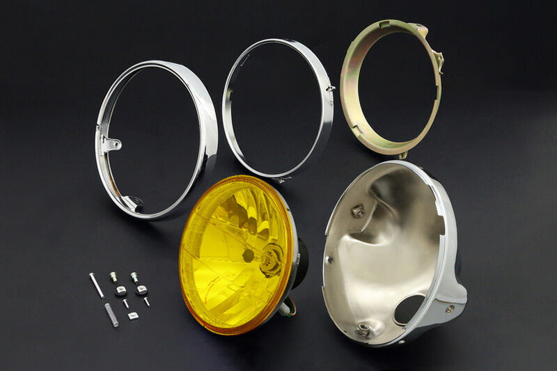 ヘッドライト 8mm汎用/メッキケース＆リム付 イエロー ラウンドタイプ