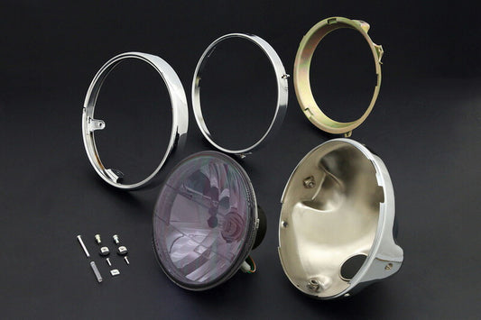 ヘッドライト 8mm汎用/メッキケース＆リム付 スモークブラック ラウンドタイプ