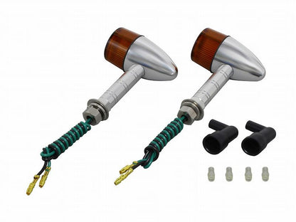 Aluminum Machined Turn Signal Super Long Stay Silver/Orange Single Bulb/Bullet Type, Set of 2