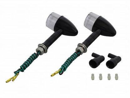 Aluminum machined blinker, super long stay, black/clear, single bulb/bullet type, 2 pcs.