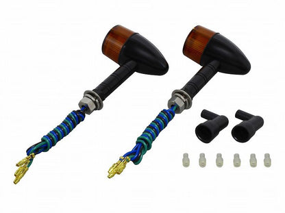 Aluminum Machined Turn Signal Super Long Stay Black/Orange Double Filament Bulb/Bullet Type, Set of 2