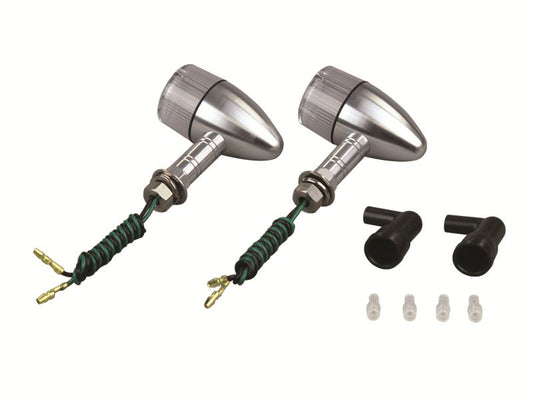 Aluminum Machined Turn Signal Bullet Type, Long Stay Type, Single Bulb, No Bulb, 2 pcs, Silver Body/Clear Lens