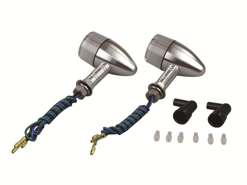 Aluminum Machined Turn Signal, Bullet Type, Long Stay, Double Filament, Bulb Not Included, 2 Pieces, Silver Body/Clear Lens