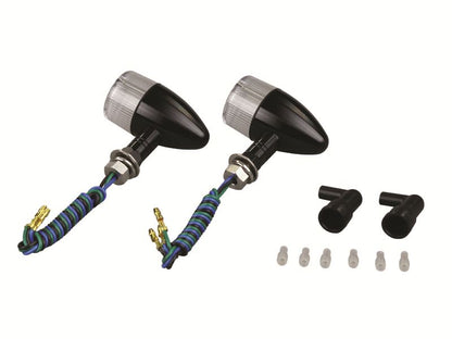 Aluminum Machined Turn Signal, Bullet Type, Short Stay Type, Double Filament, No Bulb, 2 pcs, Black Body/Clear Lens