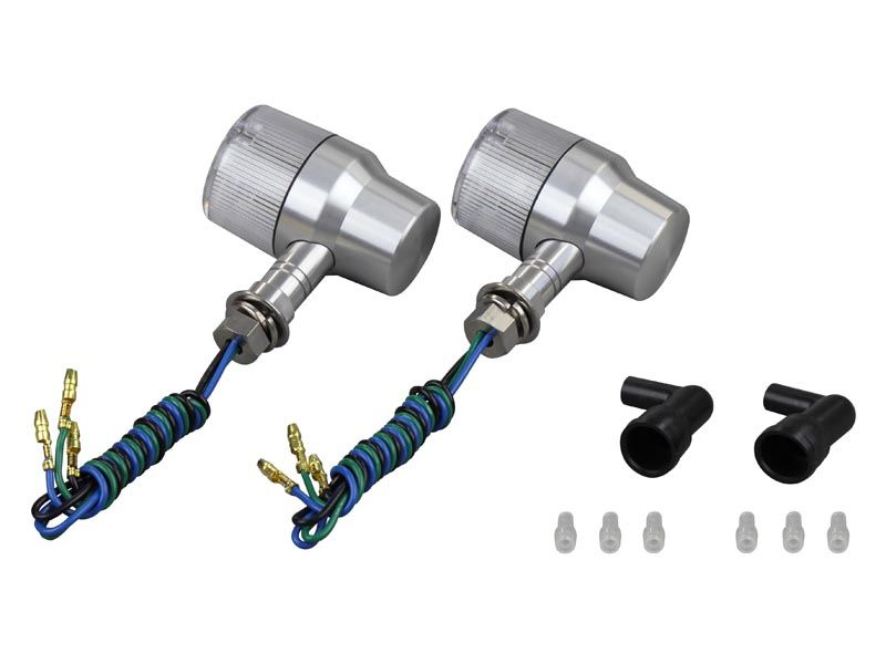 ミドルマシンドウインカー スーパーバイクタイプ ダブル球 ショートステー 12V23W/8Wバルブ付 2個入り シルバーボディ/クリアーレンズ