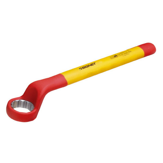 絶縁メガネレンチ 8MM 金属部分材質:クロムバナジウム鋼 サイズ(mm):8 全長(mm):150 ヘッド幅(mm):16.5 ヘッド厚さ(mm):8.5 オフセット量(mm):19