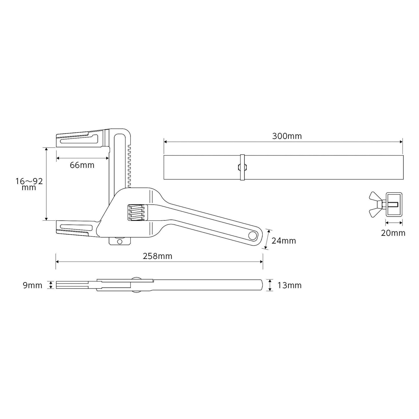 たて型クイックワイドモーターレンチ 口開き16～92mm 全長258mm
