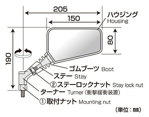 クロス2 ミラー 10mm ブラック 正ネジ 右