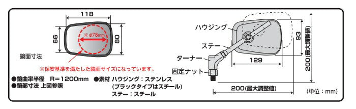エーゼット3ミラーEX 左右共通 ステンレス 10mm/正ネジ 1本 汎用