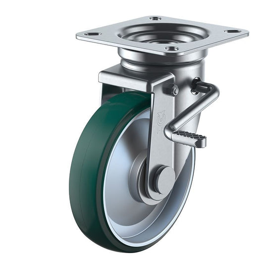 産業用キャスターダブルストッパー付 自在車 ストッパーレバー右側 車輪径：Φ100mm/車輪材質：ウレタン(B入)/ホイル材質：スチール/車輪色：グリーン 1個入