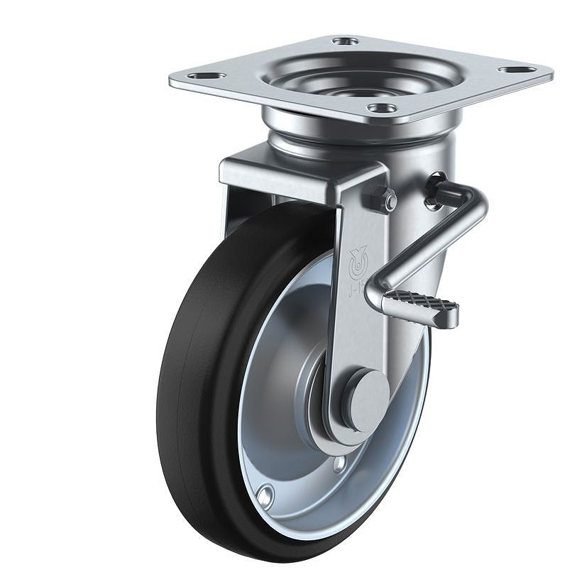 産業用キャスターダブルストッパー付 自在車 ストッパーレバー右側 車輪径：Φ100mm/車輪材質：ゴム(B入)/ホイル材質：スチール/車輪色：ブラック 1個入