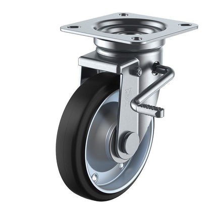 産業用キャスターダブルストッパー付 自在車 ストッパーレバー右側 車輪径：Φ100mm/車輪材質：ゴム(B入)/ホイル材質：スチール/車輪色：ブラック 1個入