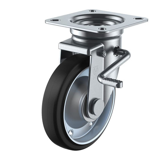 産業用キャスターダブルストッパー付 自在車 ストッパーレバー右側 車輪径：Φ100mm/車輪材質：ゴム(B入)/ホイル材質：スチール/車輪色：ブラック 1個入